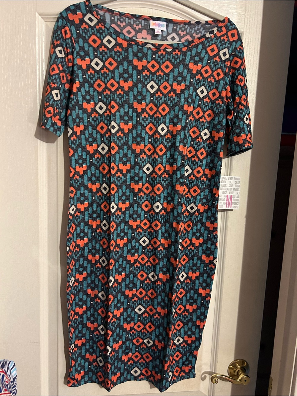 LuLaRoe Teal, Coral and Cream Geometric Fitted Julia Dress medium new fall